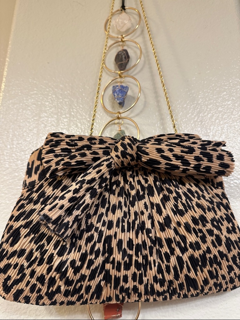 Loeffler Randall Pleated Leopard Bow Clutch w/ Gold Chain Strap Evening Bag - Picture 9 of 17